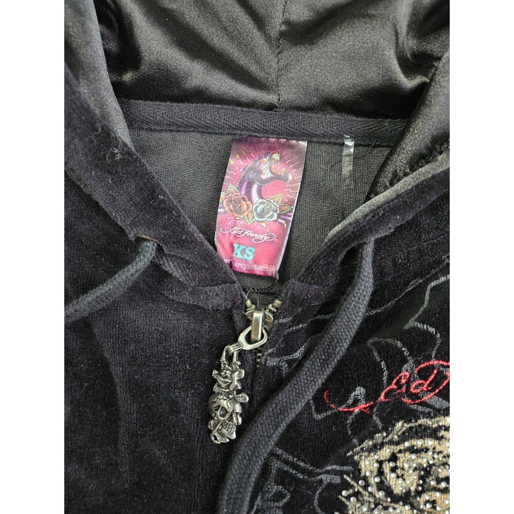 Rare Vtg Ed Hardy Velour Black Christian Audigier Tiger Zip Up Hoodie Sz XS Y2K - Picture 3 of 14